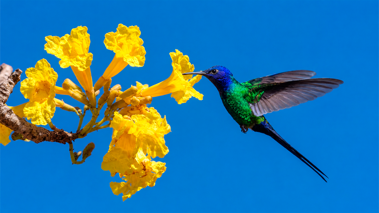 Beija-flor ao lado de flores amarelas